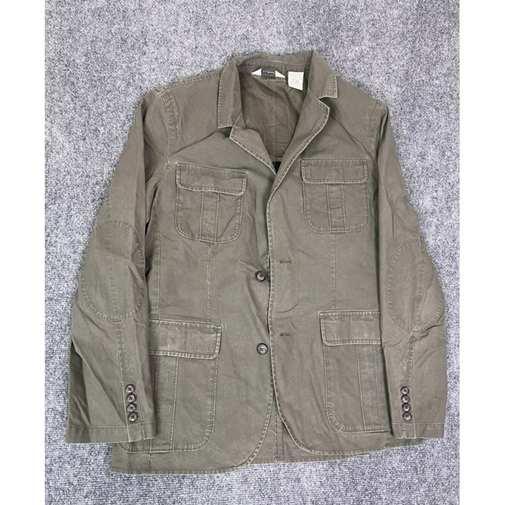 L.L Bean Mens Military Jacket Green Full Zip Pockets Cotton‎ 2 Button Size 38Reg